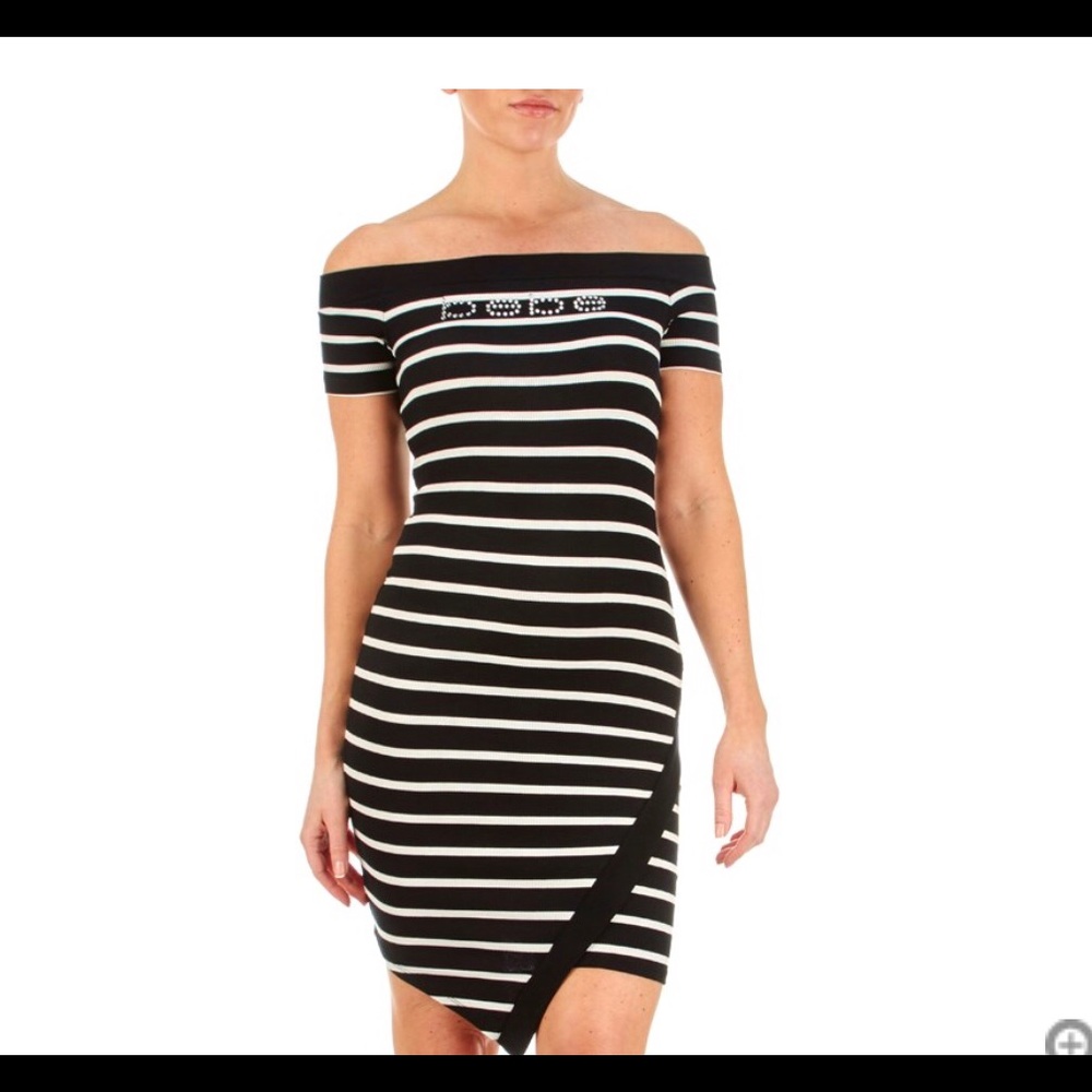 Bebe rhinestone logo striped dresses